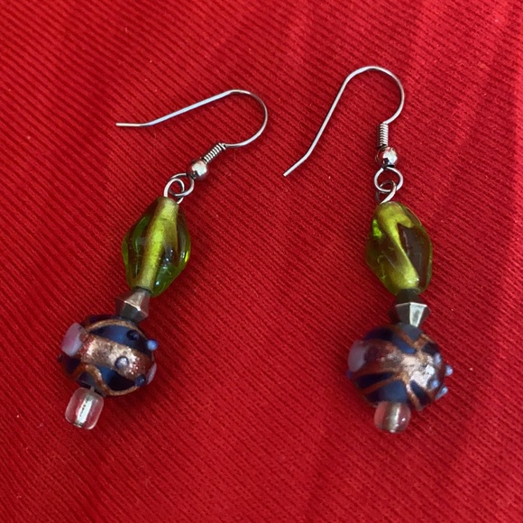 EXQUISITE Beaded Drop Earrings, Gold, Green, Blue, Pink, White, Handmade, L=2” - Picture 3 of 8